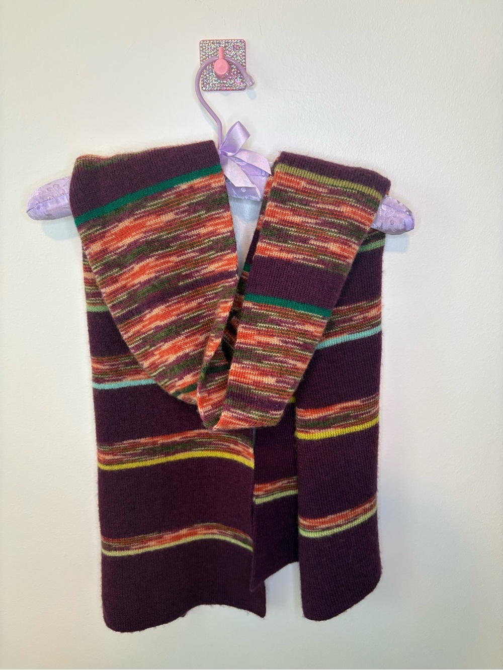 Funky Boho Striped Knit Scarf in Plum with Rainbow Multi Color Accents